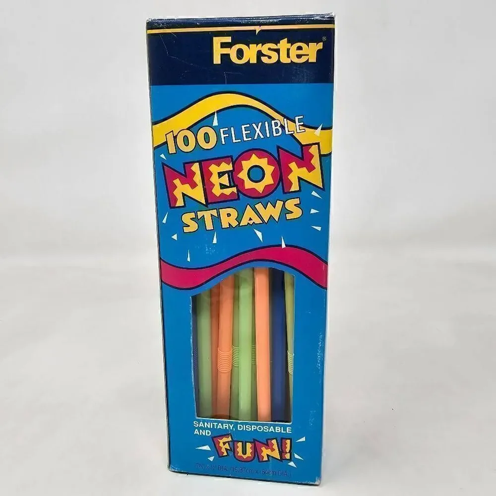 VINTAGE 1998 DIAMOND FORSTER 100 FLEXIBLE NEON PLASTIC STRAWS PARTY NOS BENDY